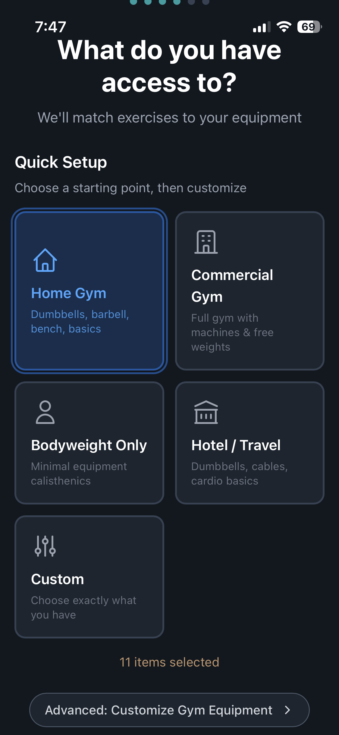 Equipment setup showing gym presets
