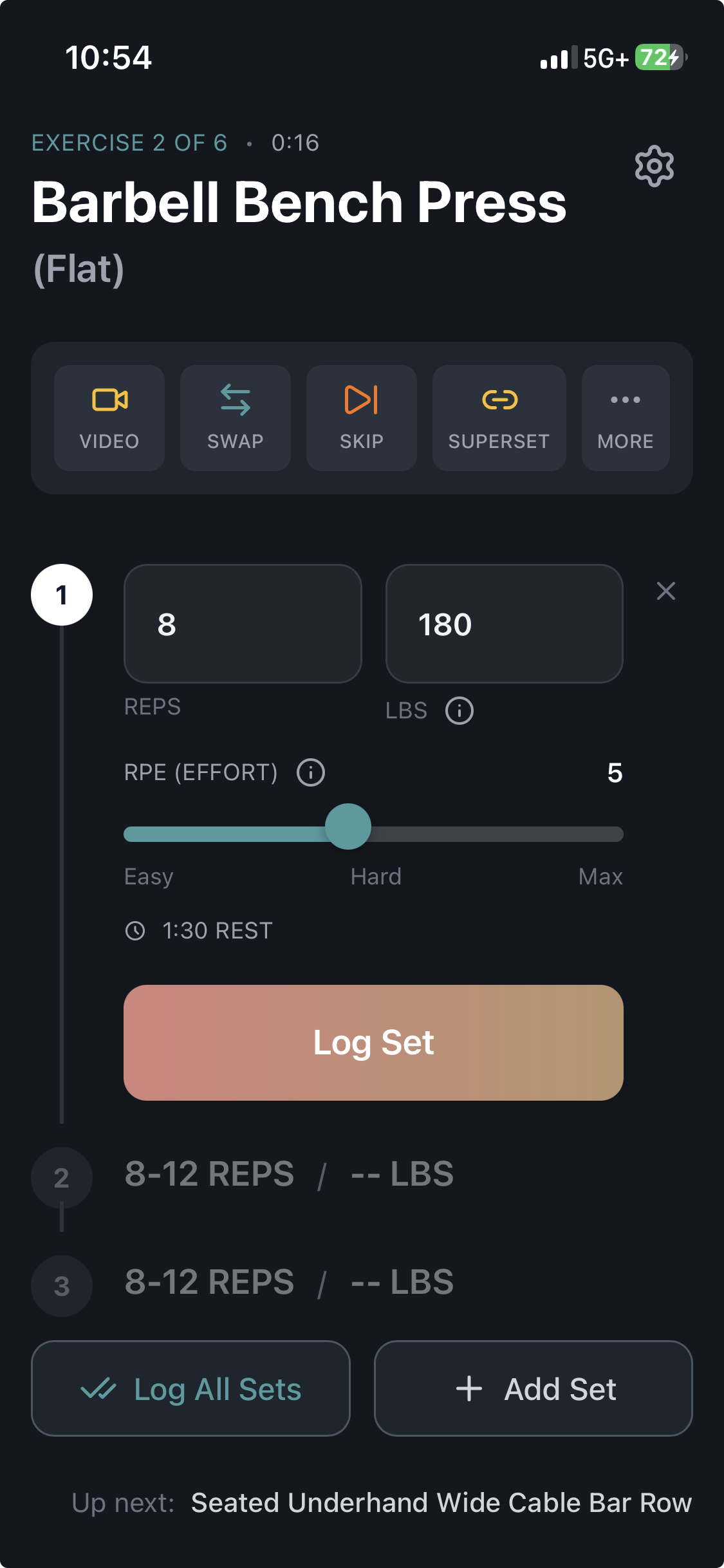 Axon exercise logging screen showing bench press